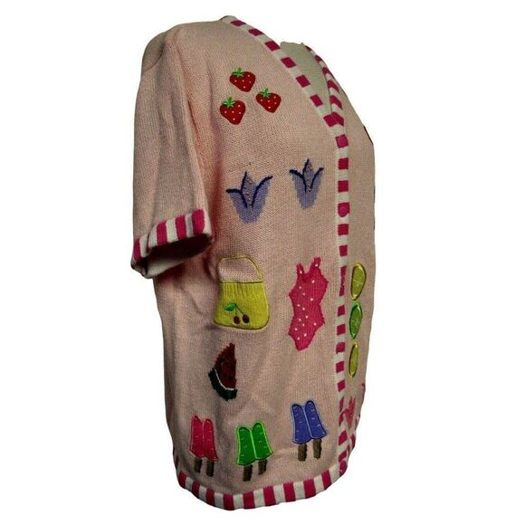 Quacker Factory Summer Theme Appliqued Pink Cardi Sz M Short Sleeve NEW - Picture 4 of 9
